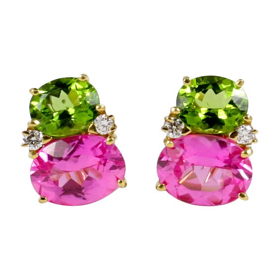 Large GUM DROP Earrings with Peridot and Pink Topaz and Diamonds For Sale
