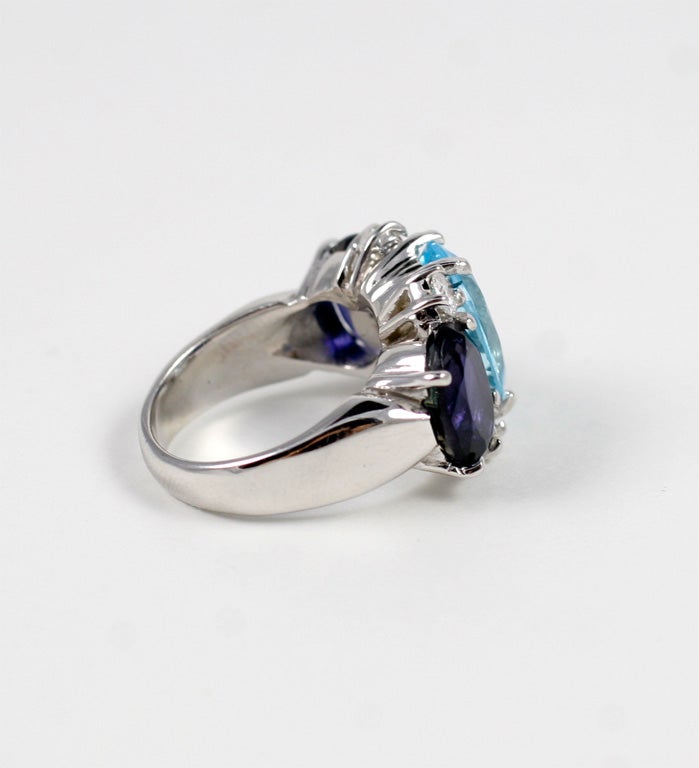 Contemporary Large 18kt White Gold Gum Drop Ring with Blue Topaz and Iolite For Sale