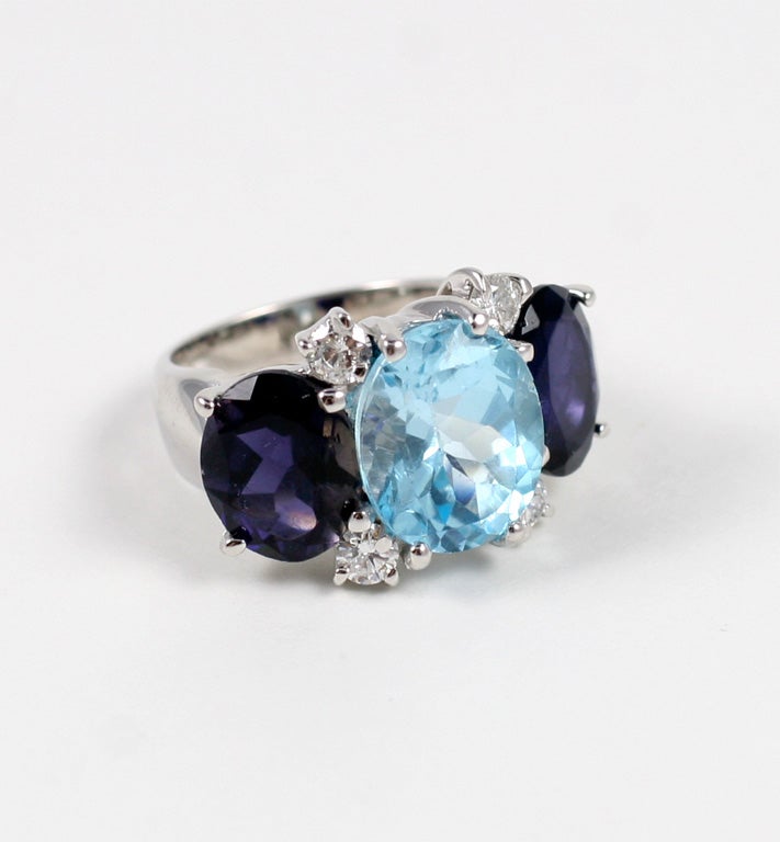 Oval Cut Large 18kt White Gold Gum Drop Ring with Blue Topaz and Iolite For Sale