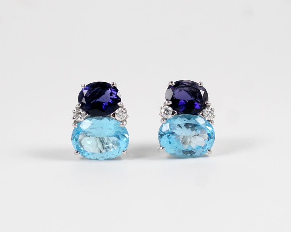 Contemporary Large GUM DROP Earrings with Iolite and Blue Topaz and Diamonds For Sale