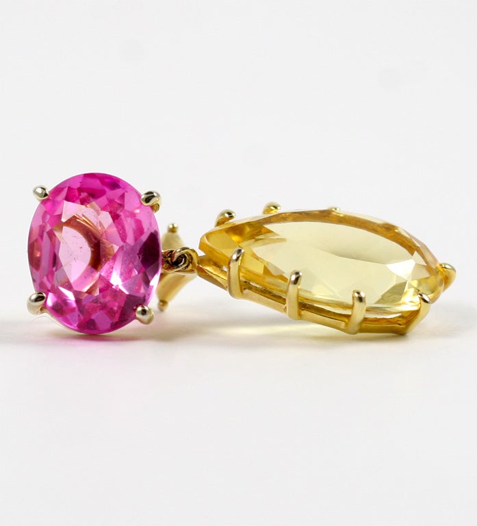 Contemporary 14 kt multi prong drop earing with pink topaz and citrine