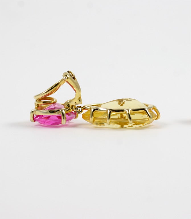 Women's 14 kt multi prong drop earing with pink topaz and citrine