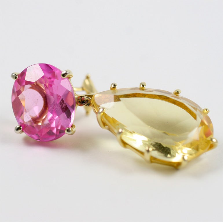 14 kt multi prong drop earing with pink topaz and citrine 3