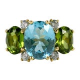 Large 18kt Yellow Gold Gum Drop Ring with Blue Topaz and Peridot 8