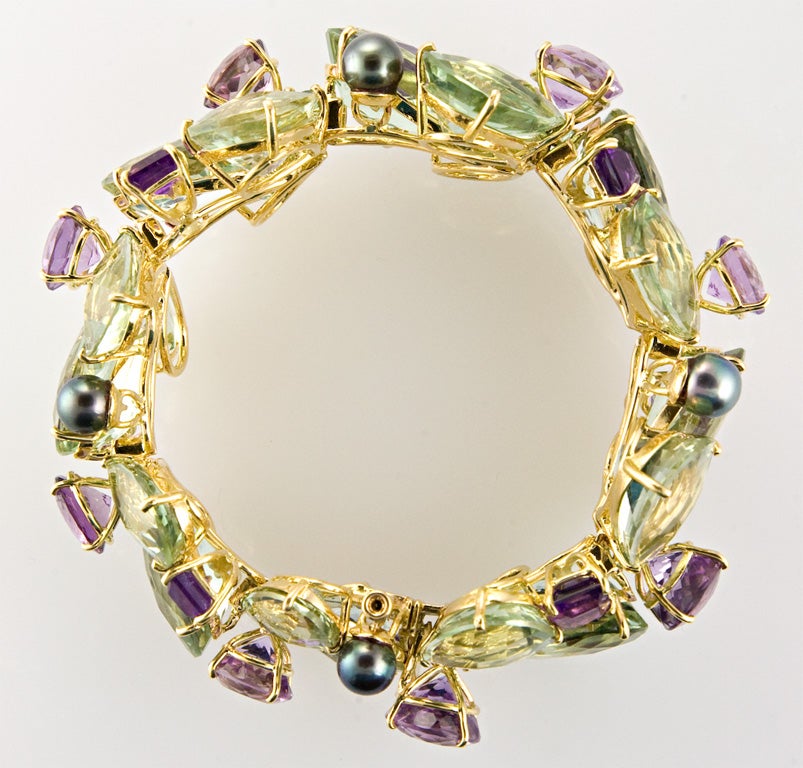 Green Amethyst, Amethyst and Black Pearl Bracelet
