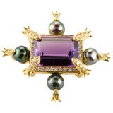 Amethyst, Diamond and Black Pearl Brooch