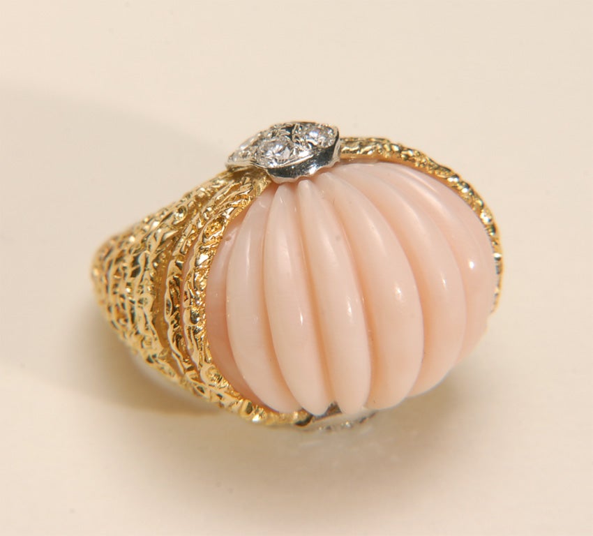 18k  Carved Angel-skin Coral and Diamond Ring