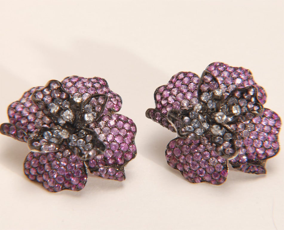 18k Multi-color Pink Sapphire Pave and Diamond Peony Earrings