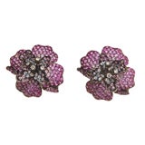 18k Multi-color Pink Sapphire Pave and Diamond Peony Earrings