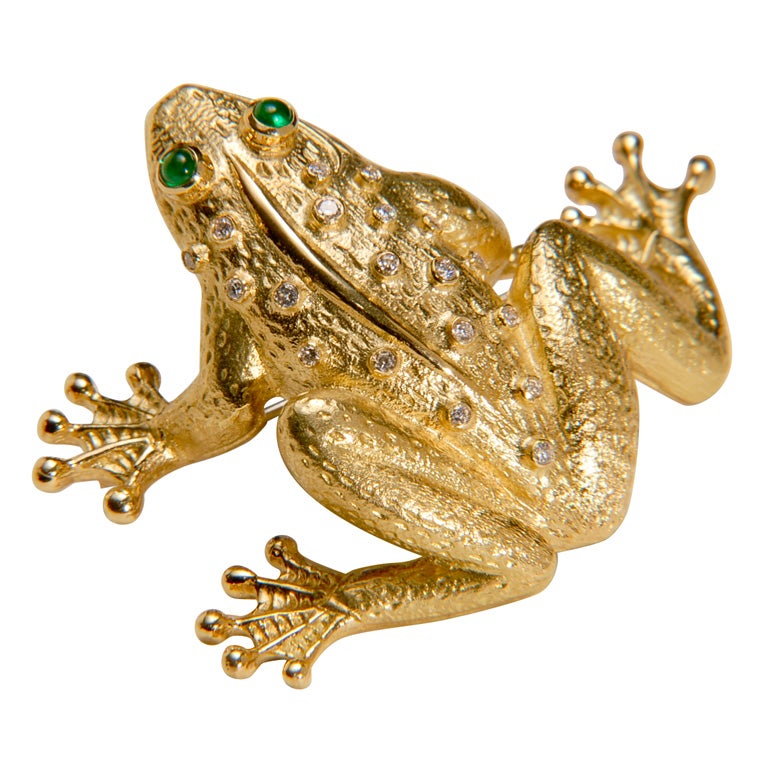 Charming English 18k Emerald and Diamond Frog Brooch