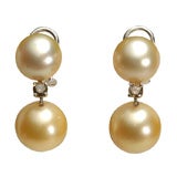 18k WG Golden South Sea Pearl and Fancy Brown Diamond Earrings