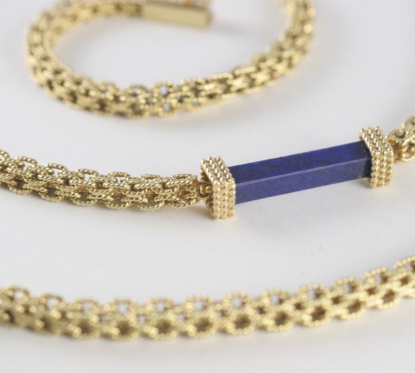 18ct Yellow Gold Handmade Box-link Chain with 5 Lapis Bars In Excellent Condition In New York, NY