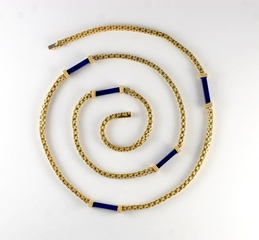 Handmade 18ct Yellow Gold Box link Chain with woven Rope Links separated by 5 Lapis Lazuli Bars capped with matching cast  square terminals.  Total length 36