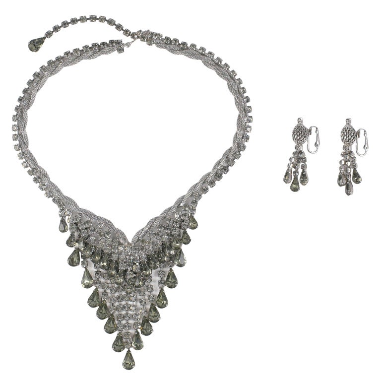 Smokey "Silver" Diamante Necklace and Earrings, Costume Jewellery For