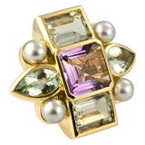 Amethyst, Green Amethyst and Black Pearl Ring Amethyst, Green Amethyst and Black Pearl Ring