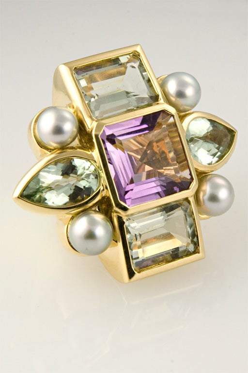 Amethyst, Green Amethyst and Black Pearl Ring