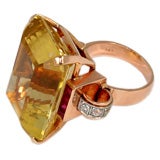 14K Pink Gold Citrine Ring with Diamonds and Rubies