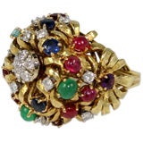 18K Gold, Diamond, Emerald, Sapphire, Ruby, and Amethyst Ring