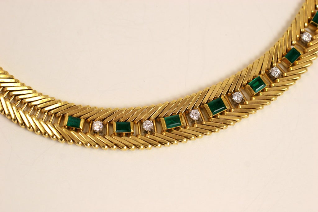 Women's 18k Yellow Gold Herringbone Diamond and Emerald Neckalce