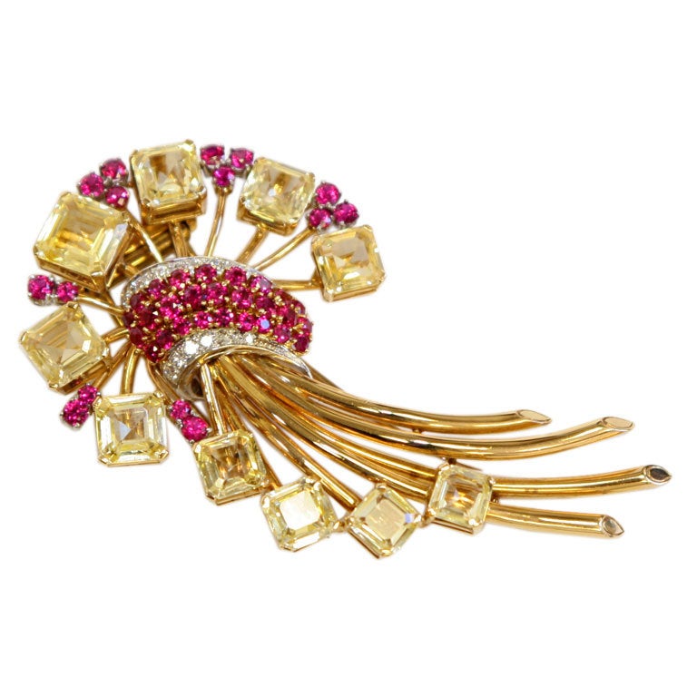 Retro 18K Yellow Sapphire Ruby and Diamond Spray Clip For Sale