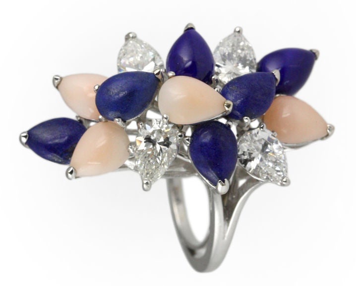 Tiffany Diamond, Lapis, and Coral Cocktail Ring