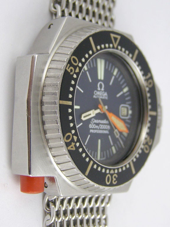 Omega SS Ploprof (Plonger Professional) diver's model circa 1970's in massive 45 X 55mm and14mm thick. Model ref # ST166.0077. Dark blue dial with light green luminous bars and original period hands. Bi-directional elapsed time bezel with locking