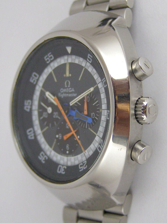 Omega SS Flightmaster 3 registers manual wind aviator's chronoraph ref 145.036 32 million serial # circa 1970. Featuring large domed tonneau shaped case. Very pleasing original dial with rich gray and black colors and original orange chrongraph