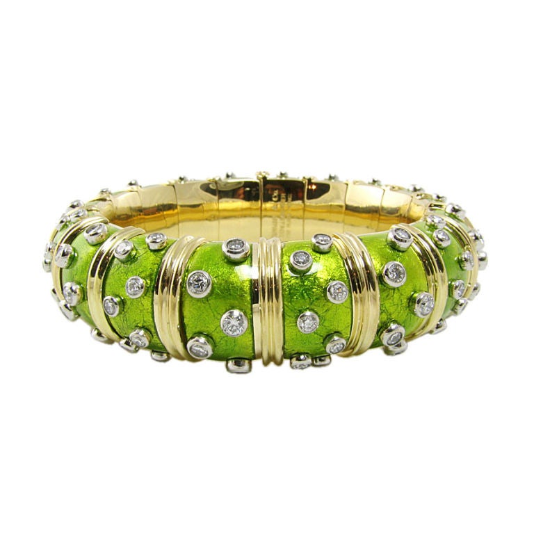 Schlumberger Green Enamel and Diamond Bangle