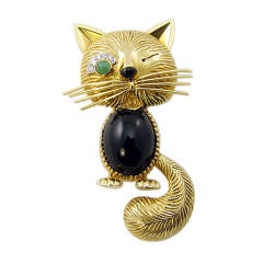VCA Gold and Onyx Winking Cat Brooch