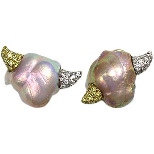 Nicholas Varney Baroque Pearl Diamond Earclips For Sale
