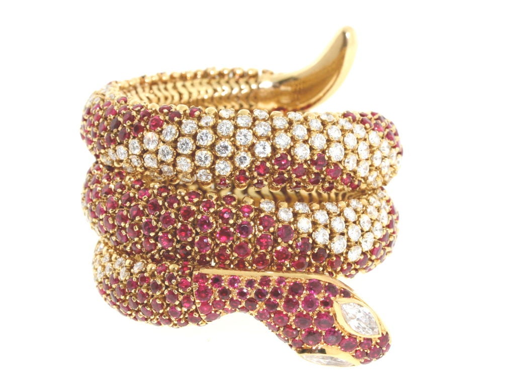 Extraordinary Diamond and Ruby Coiled Serpent Bracelet