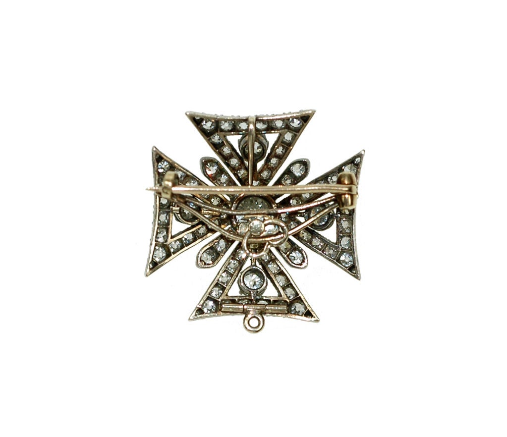 An antique diamond maltese cross brooch, mounted in silver and gold, circa 1860 with detachable pin<br />
Total weight of diamonds approximately 5.75 carats<br />
<br />
Provenance:<br />
Augusta Crichton-Stuart by her husband John, 4th Marquis
