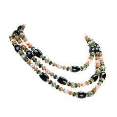 A cultured pearl diamond and multi stone rope necklace A cultured pearl diamond and multi stone rope necklace