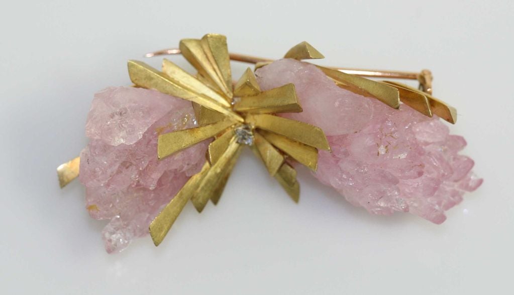 Rose Quartz & Diamond brooch set in 18kt yellow gold Andrew Grima with a small center diamond. The brooch is approximately 2 3/4
