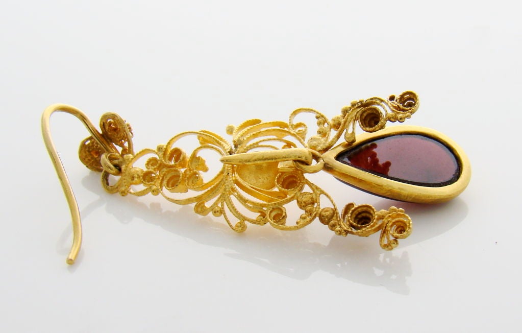 18 karat Yellow Gold Etruscan Revival  pear shaped cabochon drop Garnet earrings