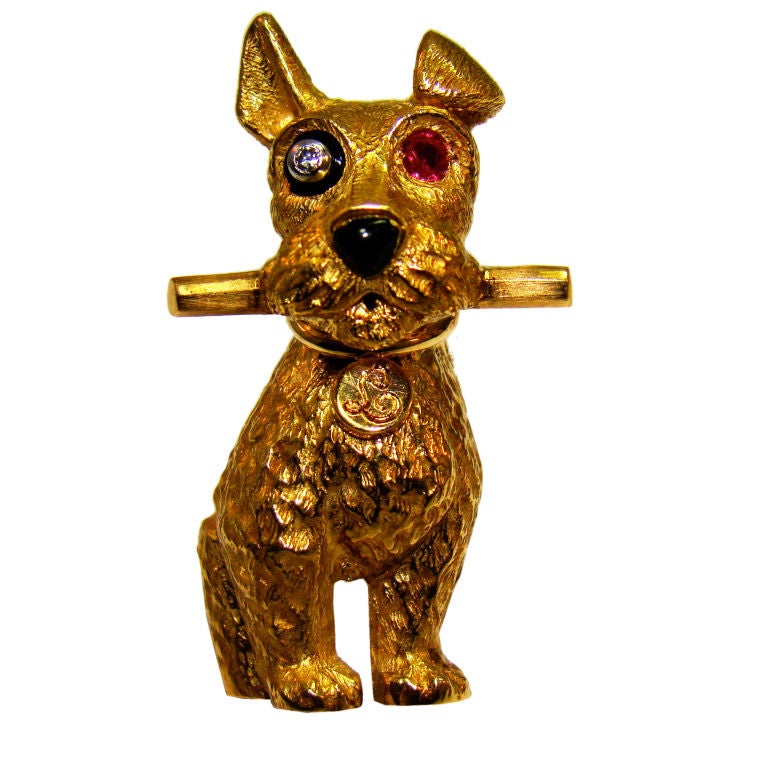 Cartier Terrier Dog in 18K Yellow Gold Ruby & Diamond Eye
