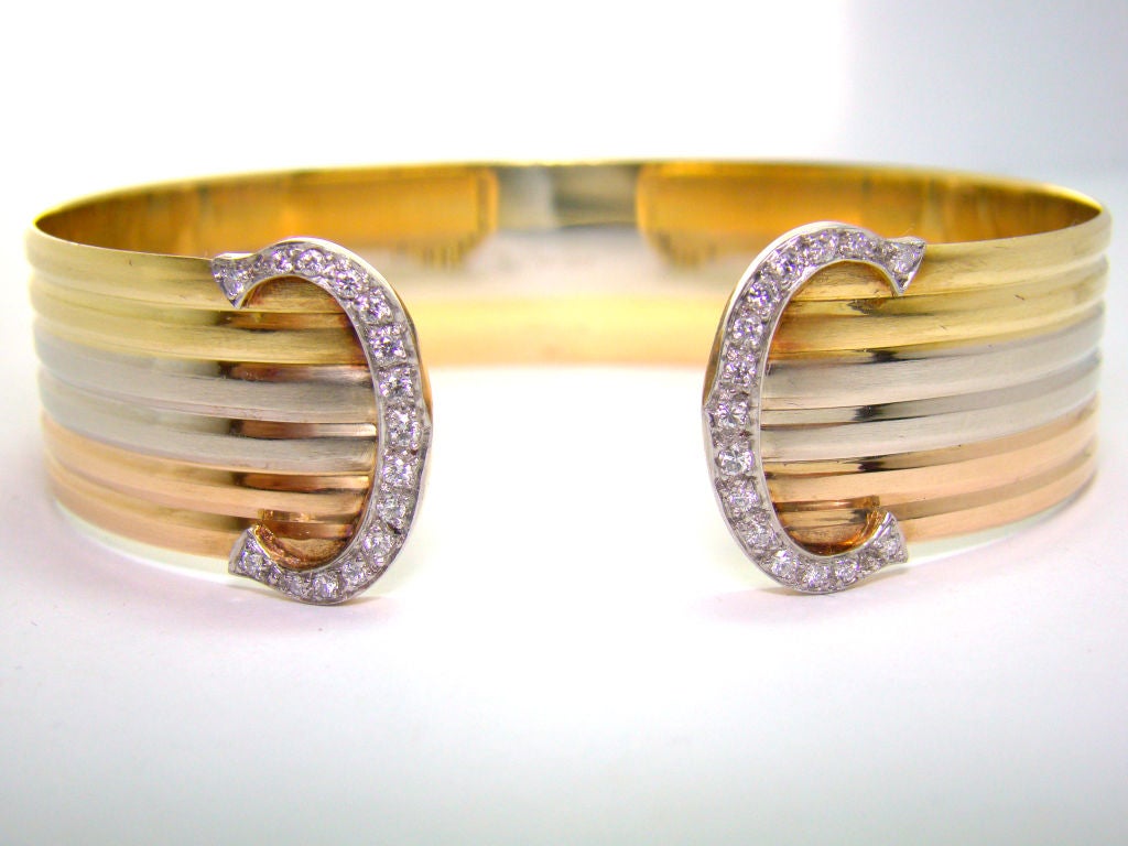 Women's Cartier Rose, White, and Yellow Gold Cuff Bracelet with Diamonds