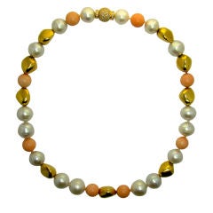 Coral, Pearl, and 18K Yellow Gold Necklace w/ Diamond Clasp