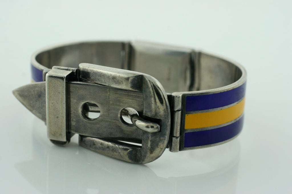 Blue and Yellow Enamel in Sterling Silver vintage watch bracelet. Made by Gucci