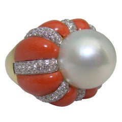 Pearl, Coral, & Diamond Ring set in 18K Yellow Gold circa 1960