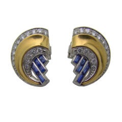 Antique Art Deco 18K Yellow Gold, Platinum, Diamond & Sapphire Earrings