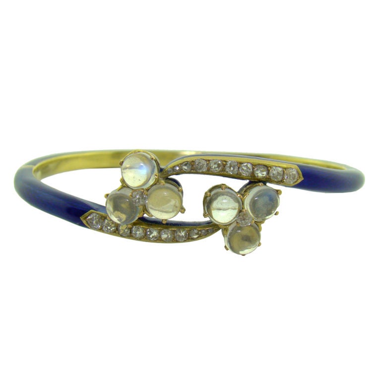15K Yellow Gold, Enamel, Moonstone 
Diamond Bangle Bracelet