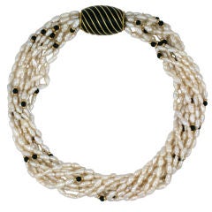 Onyx , Gold and Rice Pearl Torsade Necklace