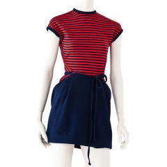 Geoffrey Beene Red + Navy Stripe Wool Jersey Day Dress