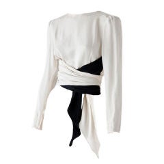 Valentino black and white silk wrap waist blouse