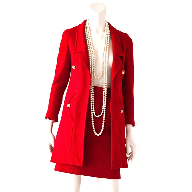 Red Wool Boucle Chanel Suit with Long Jacket