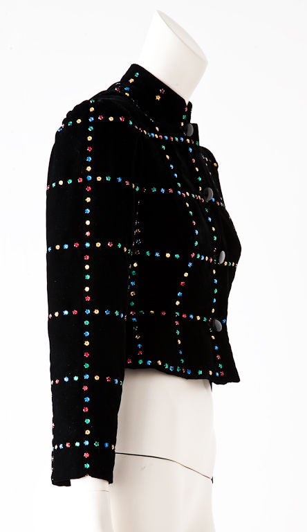 Black velvet multicolored rhinestone studded fitted evening jacket.Rhinestone make a grid pattern on the jacket creating a 