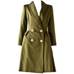 Retro Oscar De la Renta Olive Green Duchess Satin Coat Dress