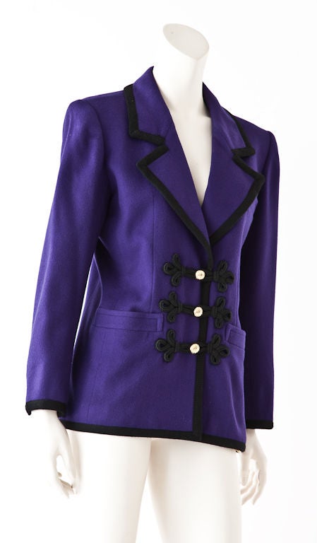 Purple wool YSL blazer/jacket with black wool braid trim and <br />
black passementerie detail closures.. Masculine style cut with upper breast pocket and deep front pockets.