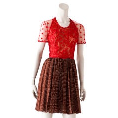 Geoffrey Beene Red lace and brown polka dot chiffon dress